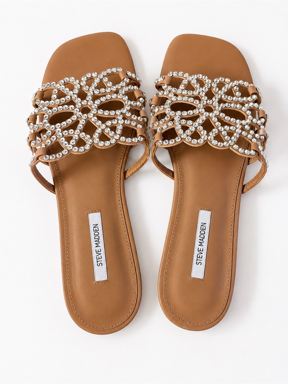 Steve Madden Tan Crystal-Embellished Slide Sandals